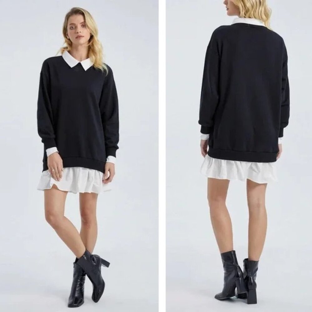 NWT Urban Revivo‎ Faux Sweater Shirt Dress Size M Black White Long Sleeve Cotton